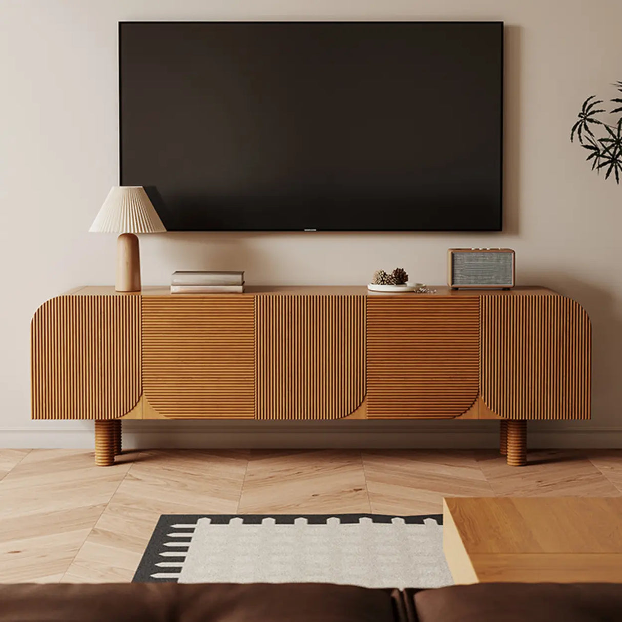 Rustic Brown Wooden Long Curved TV Stand with Cabinet Image - 3