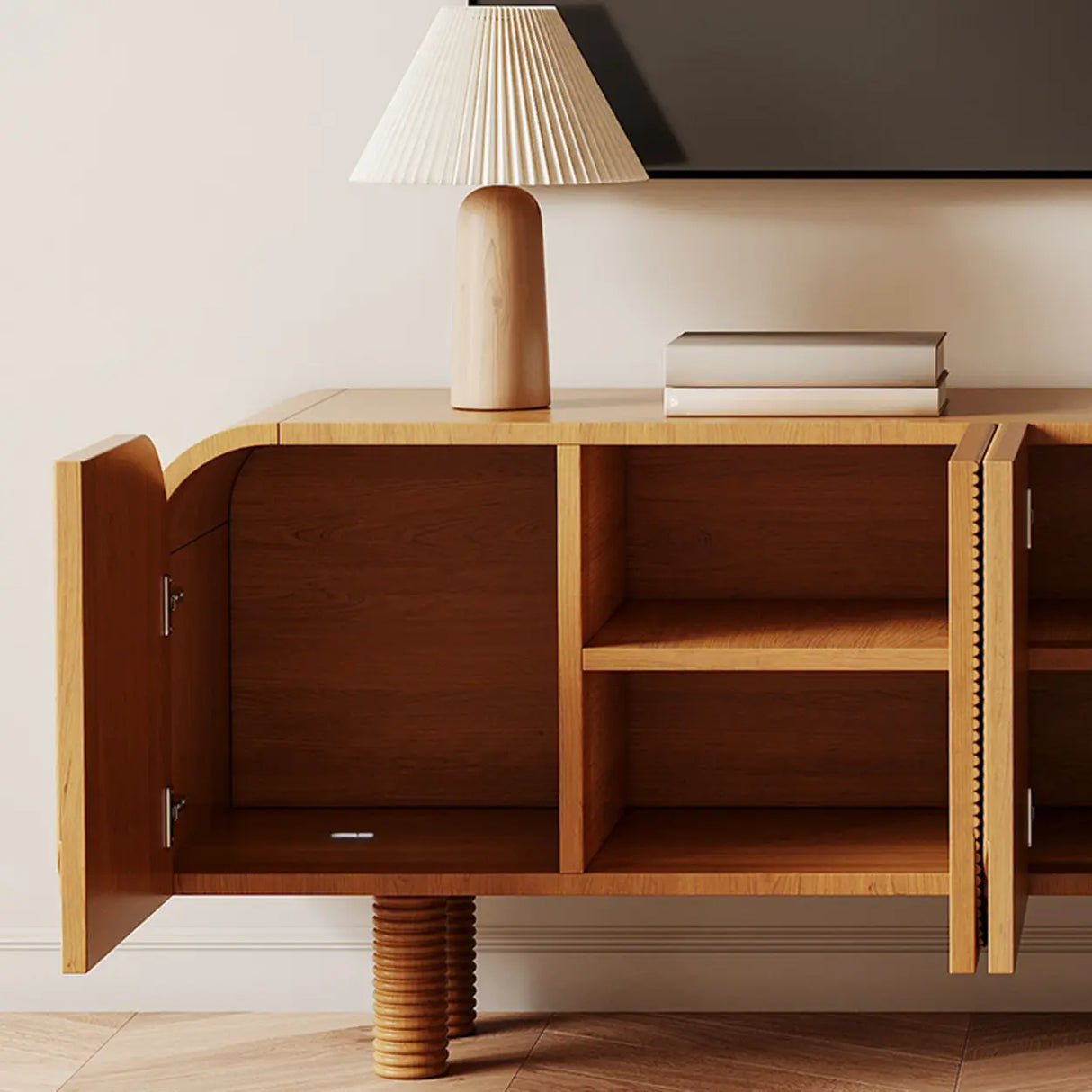 Rustic Brown Wooden Long Curved TV Stand with Cabinet Image - 10