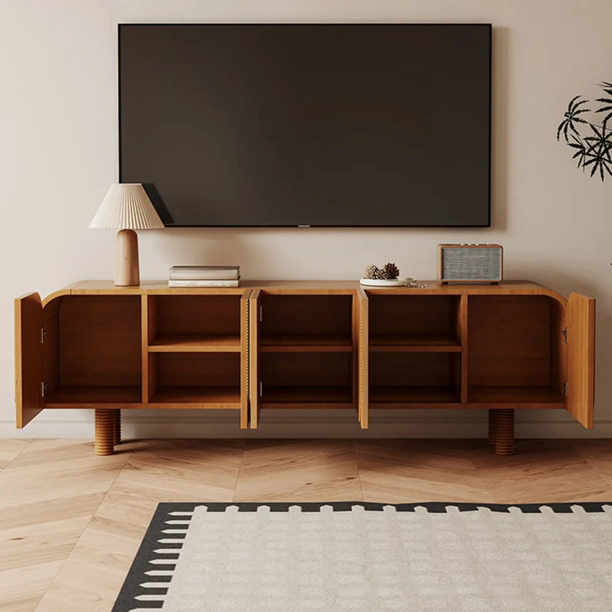 Rustic Brown Wooden Long Curved TV Stand with Cabinet Image - 4