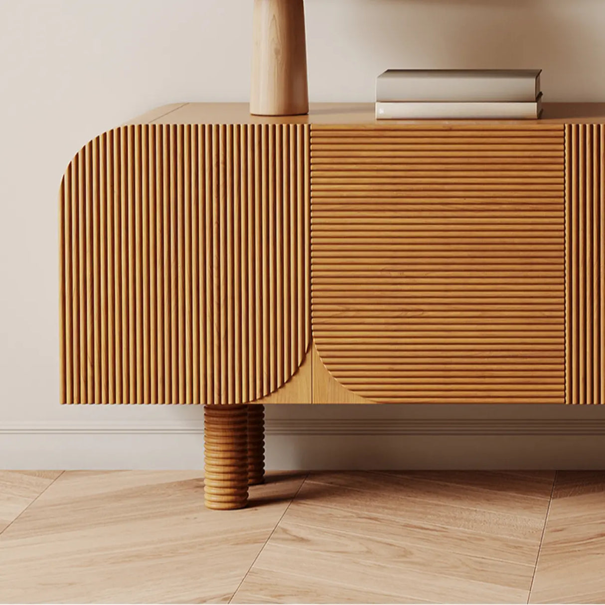 Rustic Brown Wooden Long Curved TV Stand with Cabinet Image - 11