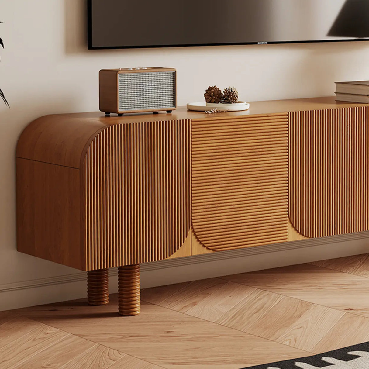 Rustic Brown Wooden Long Curved TV Stand with Cabinet Image - 5