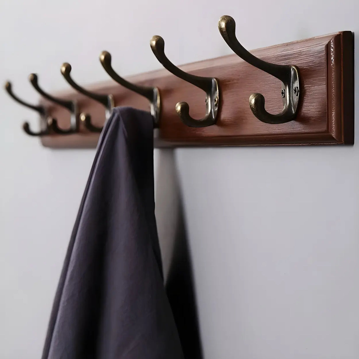 Rustic Brown Wooden Wall-Mount Coat Rack with Hooks Image - 4