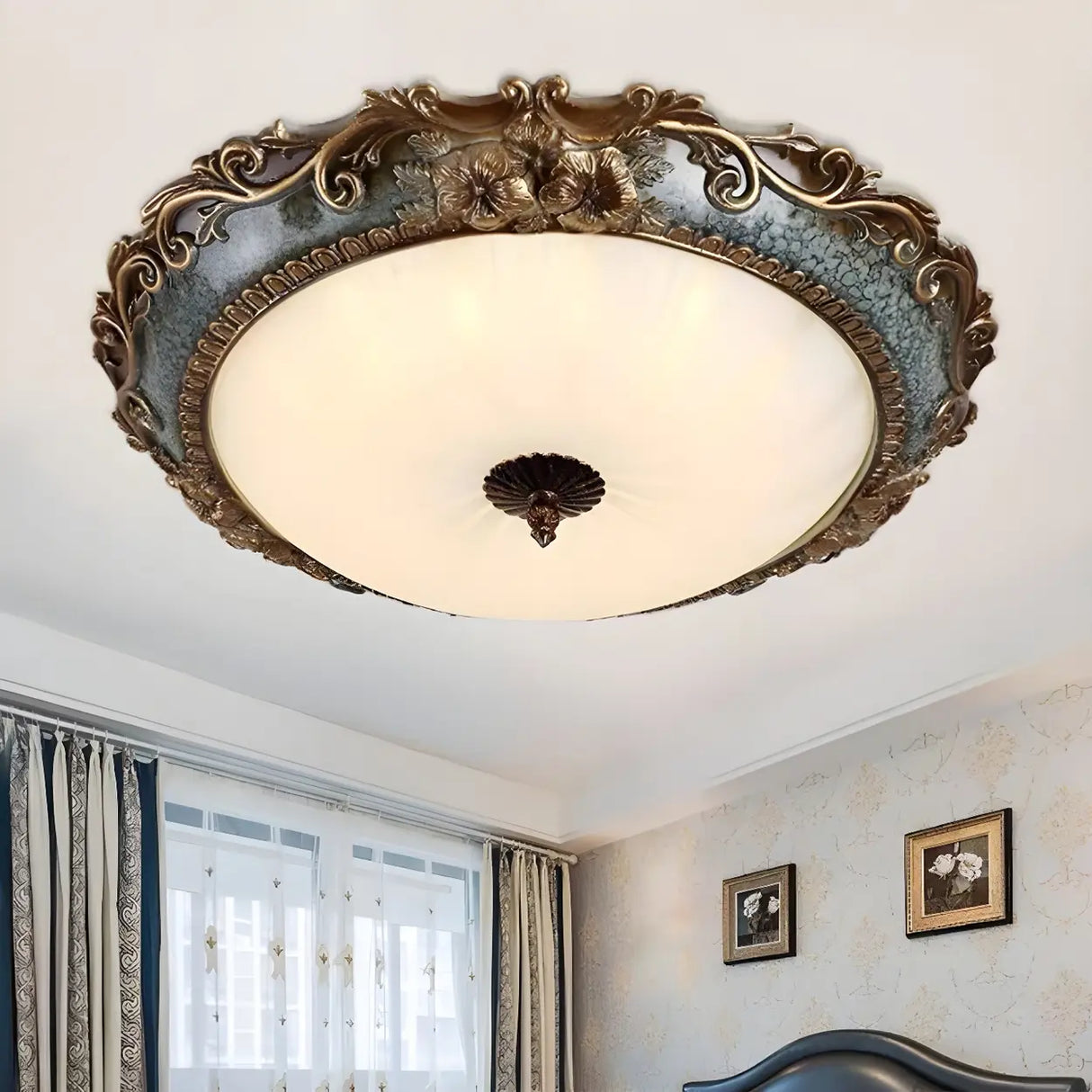 Rustic Carving Resin Bowl-Shaped Brass Flush Mount Lamp Image - 1