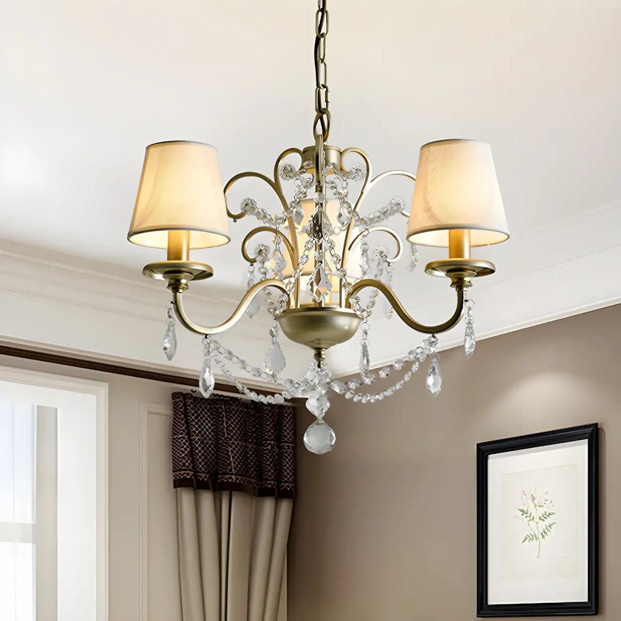 Rustic Classic Gold Crystal Fabric Barrel Chandelier Image - 2