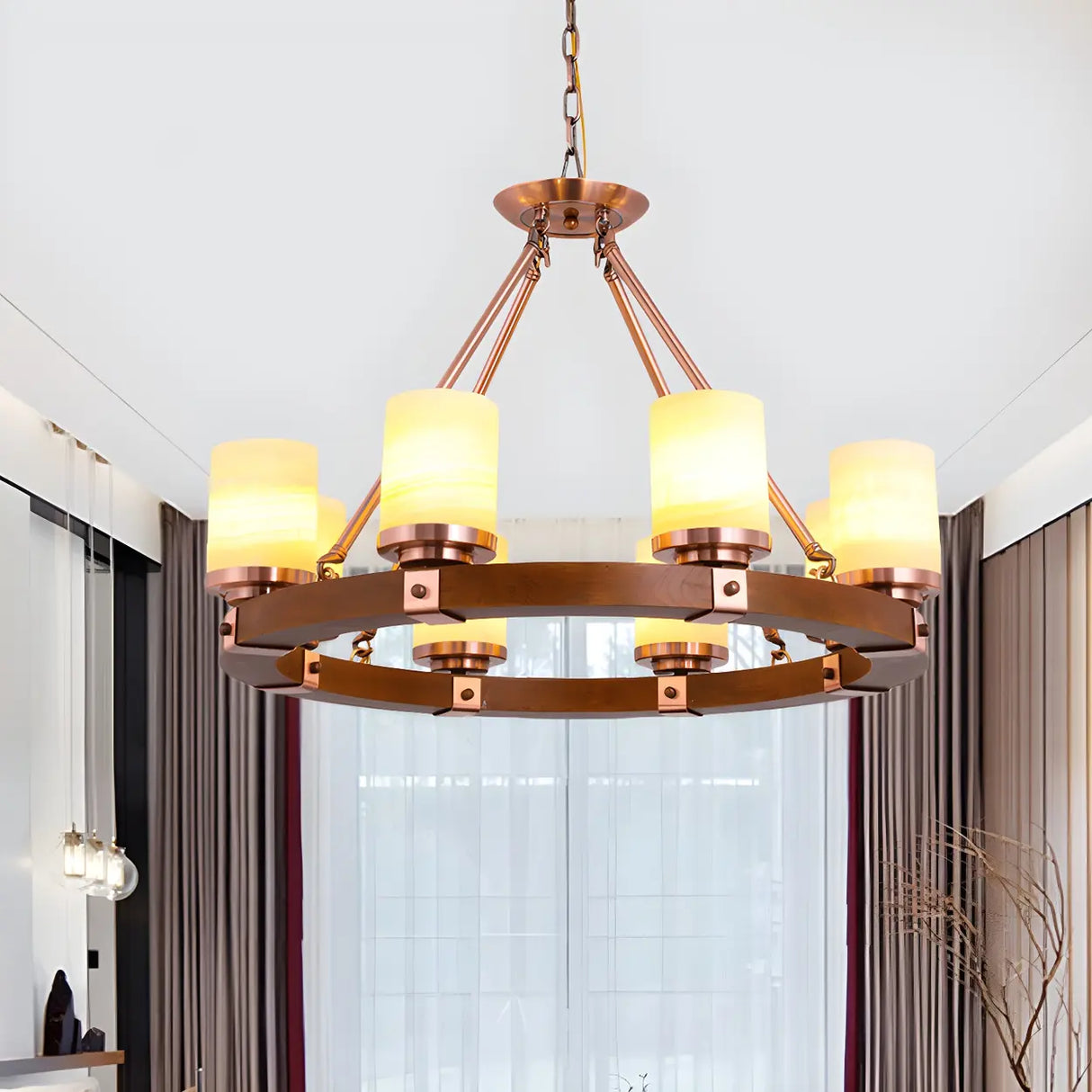 Rustic Classic Living Room Circular Cylinder Chandelier Image - 12