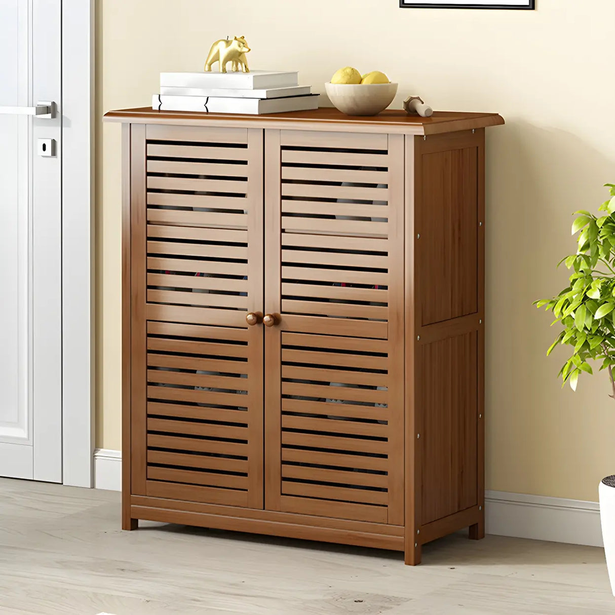 Rustic Closed Back Wood Hallway Brown Medium Shoe Cabinet Image - 10