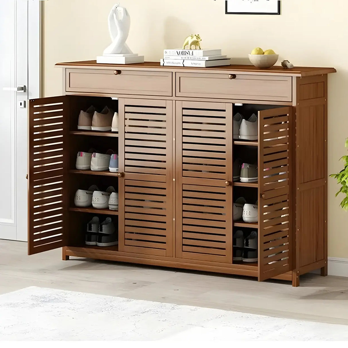 Rustic Closed Back Wood Hallway Brown Medium Shoe Cabinet Image - 11