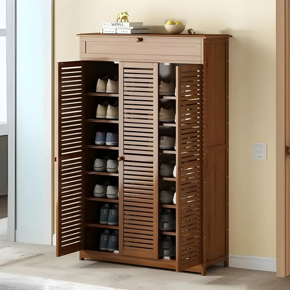 Rustic Closed Back Wood Hallway Brown Medium Shoe Cabinet Image - 13