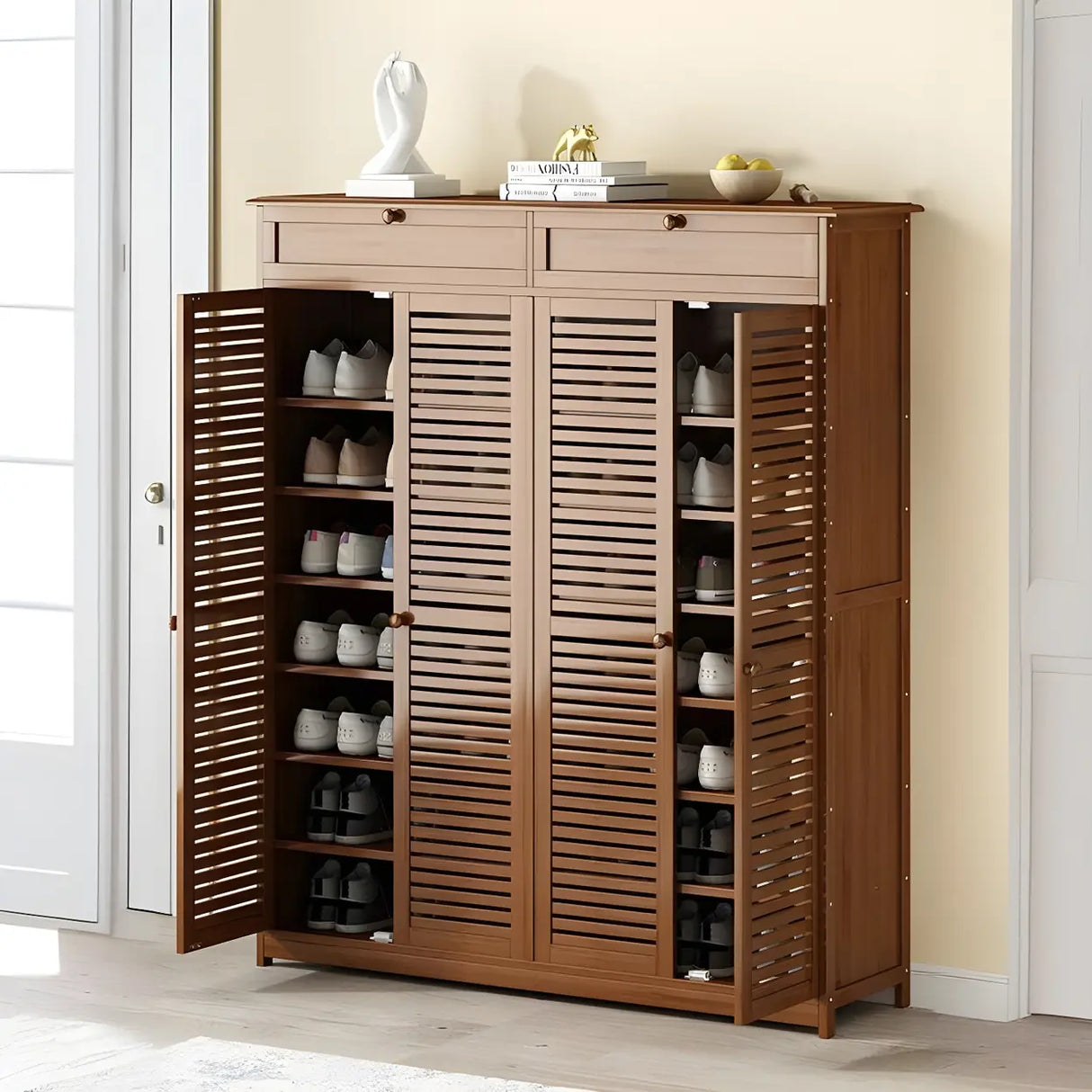 Rustic Closed Back Wood Hallway Brown Medium Shoe Cabinet Image - 15