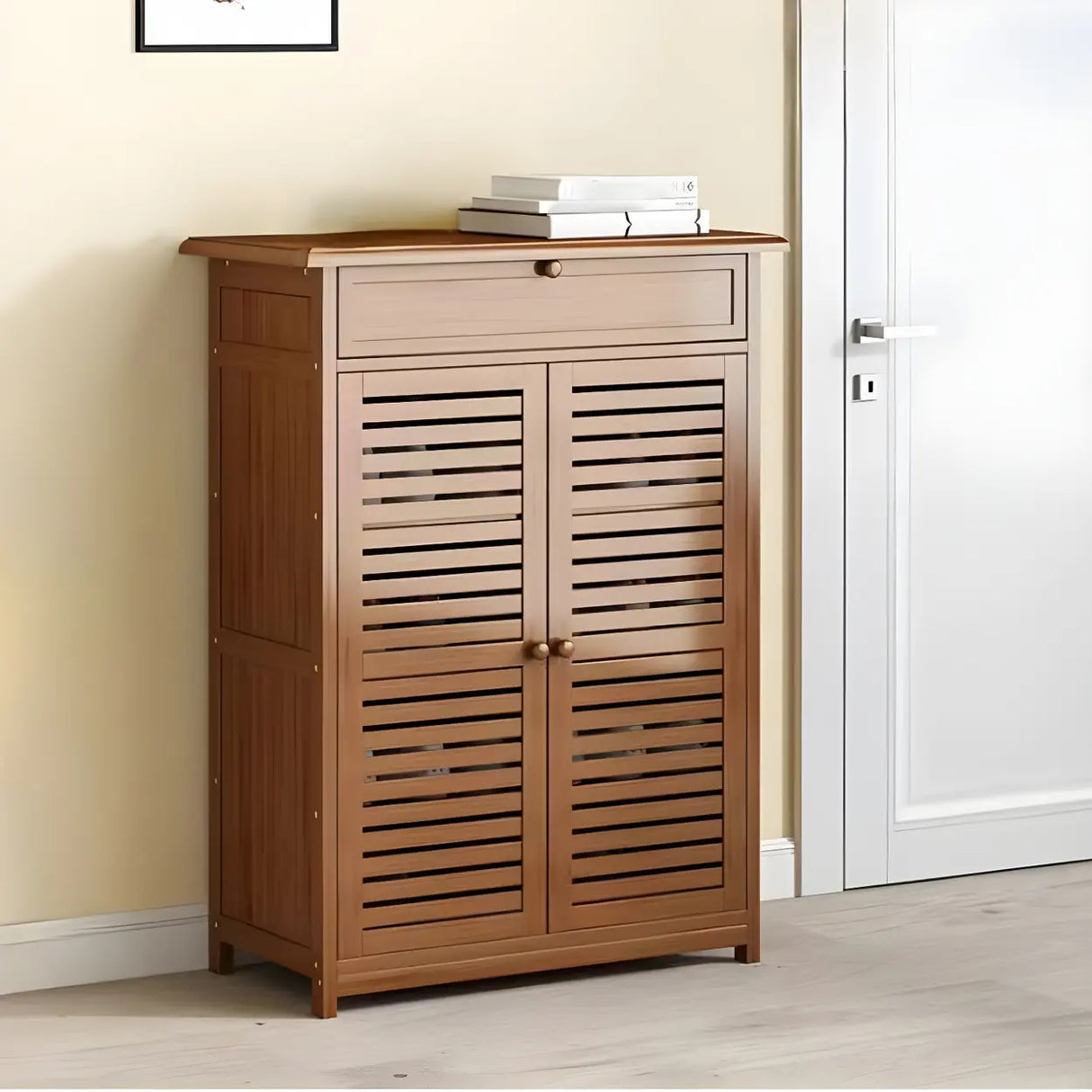 Rustic Closed Back Wood Hallway Brown Medium Shoe Cabinet Image - 1