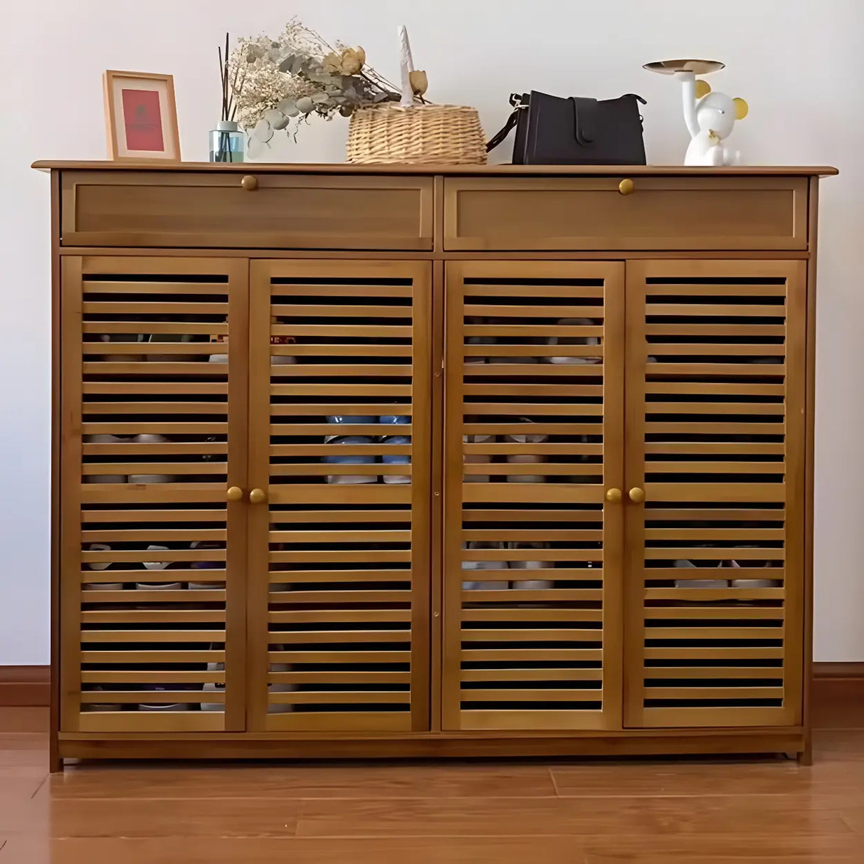 Rustic Closed Back Wood Hallway Brown Medium Shoe Cabinet Image - 3