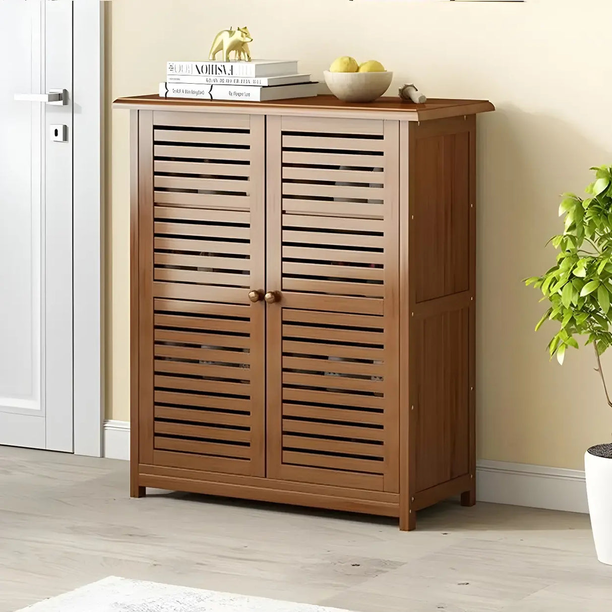 Rustic Closed Back Wood Hallway Brown Medium Shoe Cabinet Image - 4