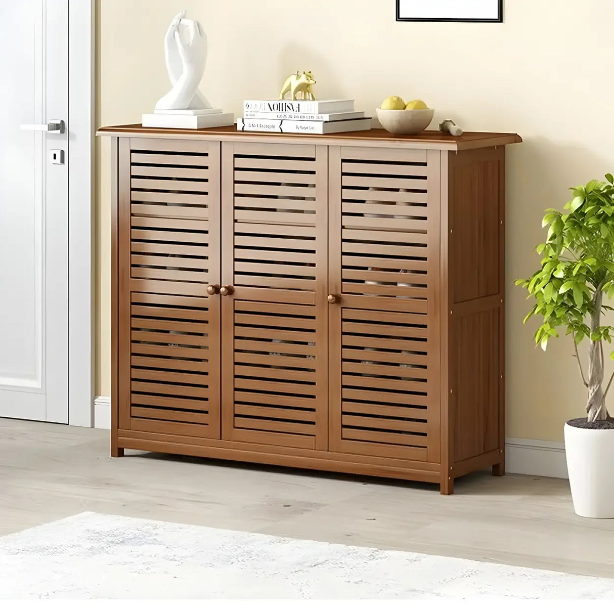 Rustic Closed Back Wood Hallway Brown Medium Shoe Cabinet Image - 5