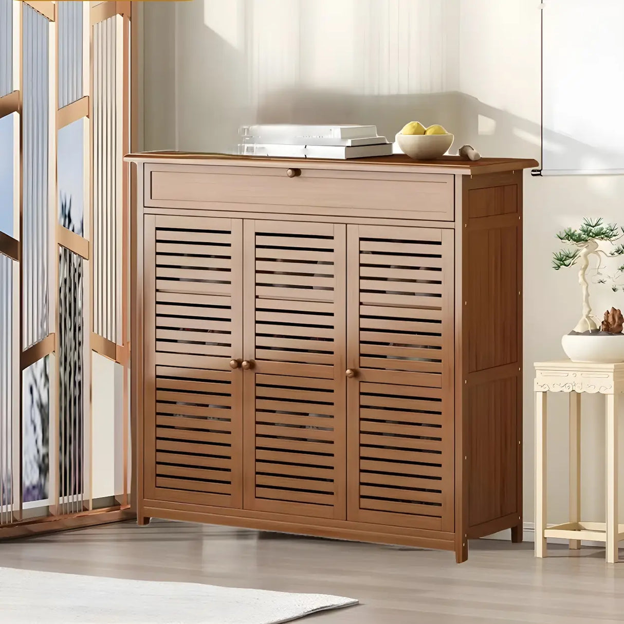 Rustic Closed Back Wood Hallway Brown Medium Shoe Cabinet Image - 6