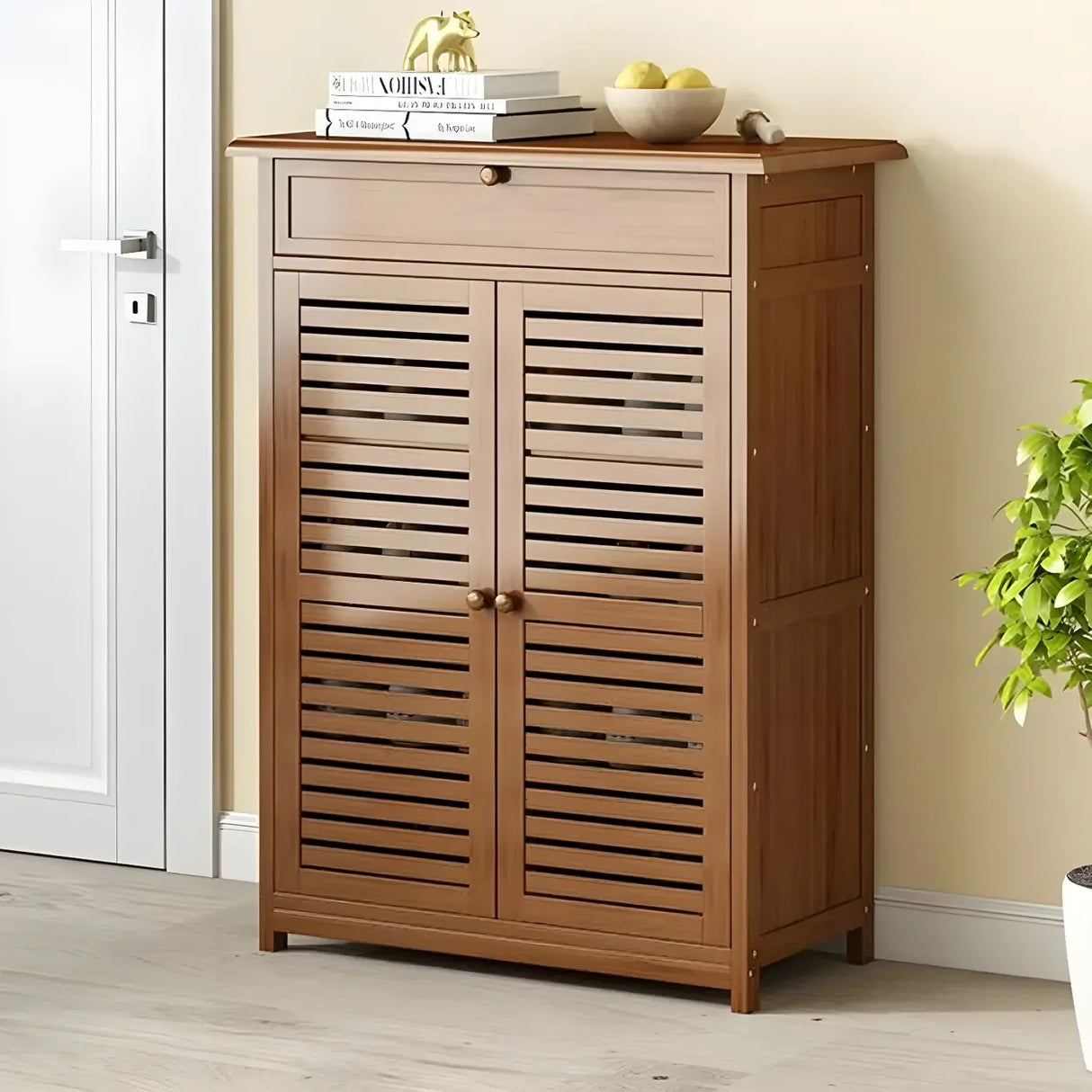 Rustic Closed Back Wood Hallway Brown Medium Shoe Cabinet Image - 7