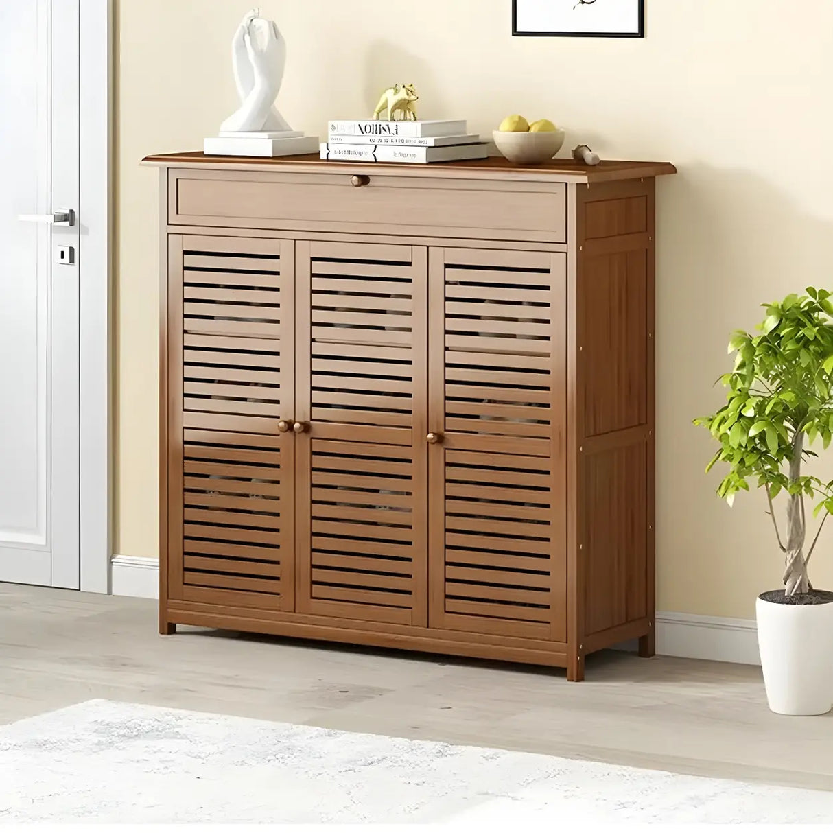 Rustic Closed Back Wood Hallway Brown Medium Shoe Cabinet Image - 9