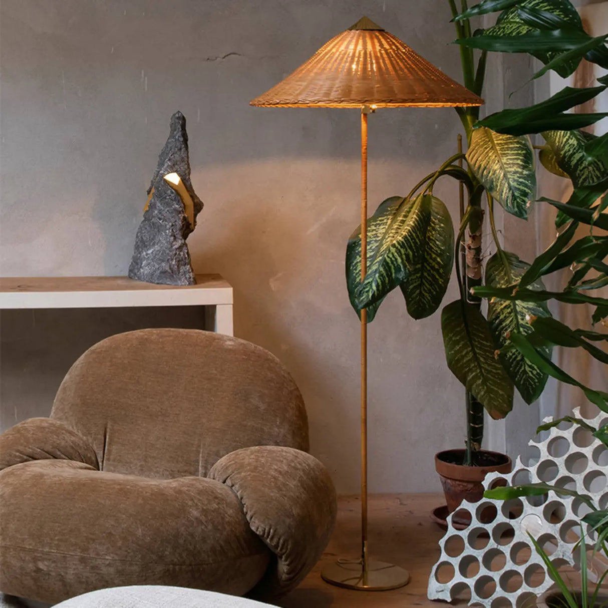 Rustic Cone Rattan Fabric Gold Base Rocker Switch Floor Lamp Image - 1