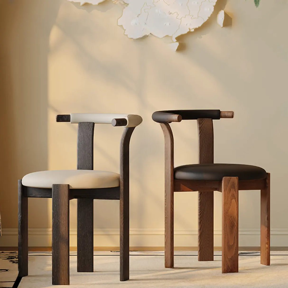 Rustic Curved Back Wood Dining Chairs with Upholstered Seat Image - 4