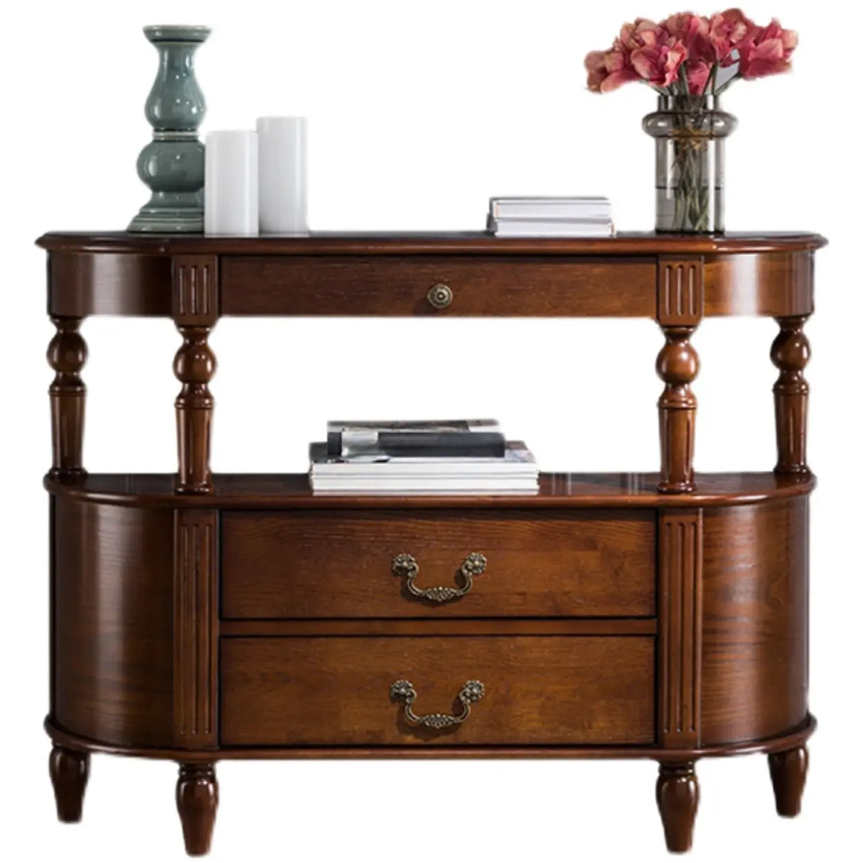 Rustic Curved Mahogany Brown Storage Console Table Image - 1