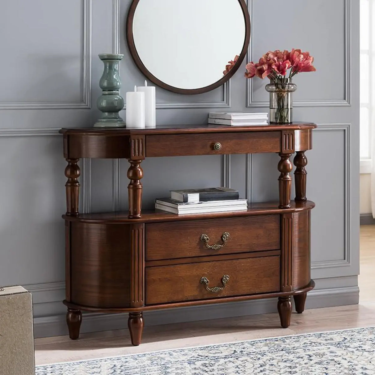 Rustic Curved Mahogany Brown Storage Console Table Image - 2