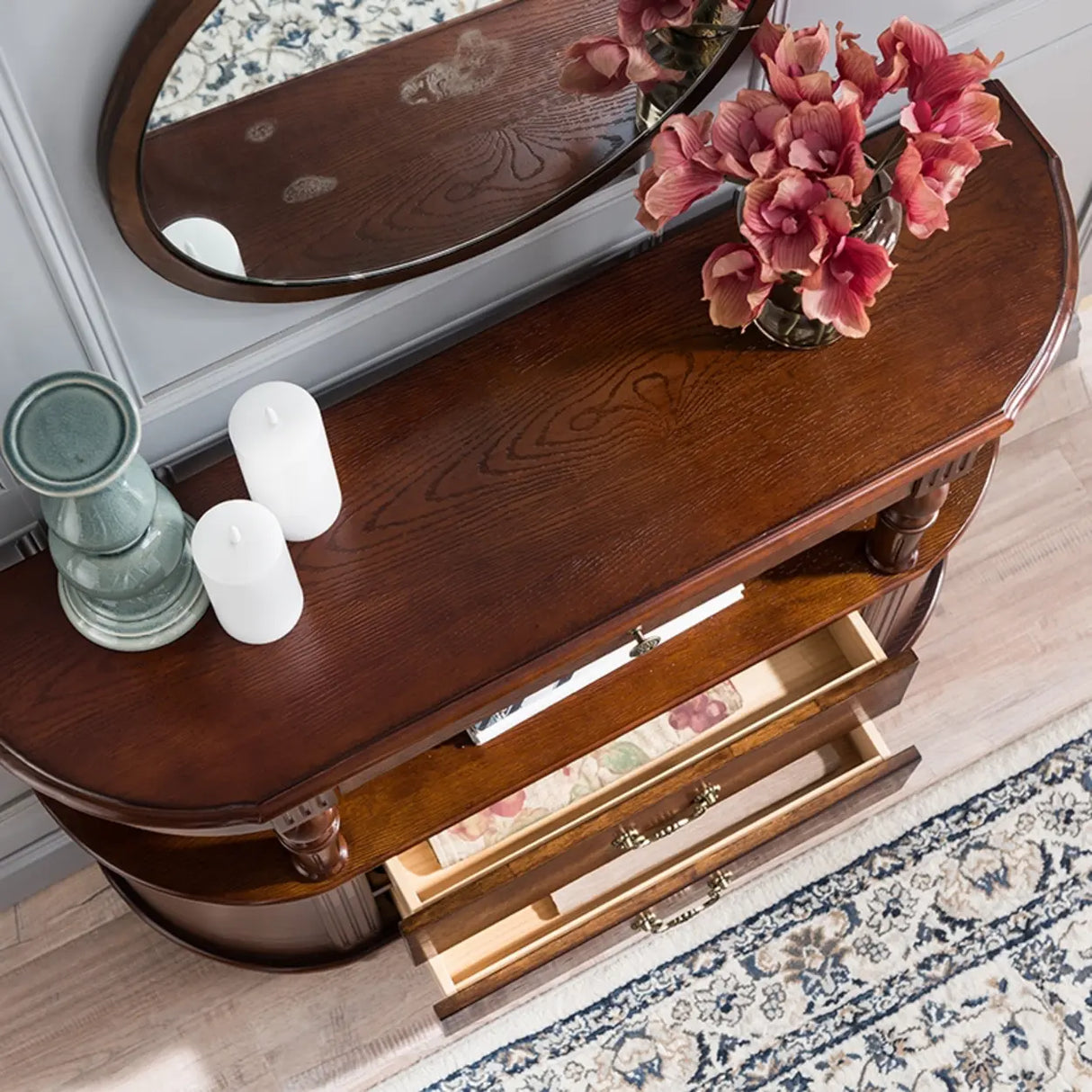 Rustic Curved Mahogany Brown Storage Console Table Image - 3