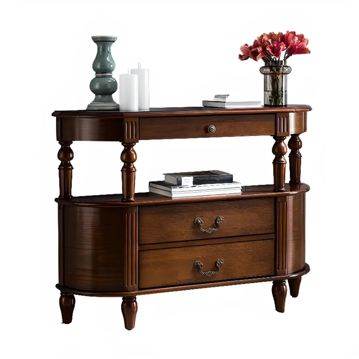Rustic Curved Mahogany Brown Storage Console Table Image - 5
