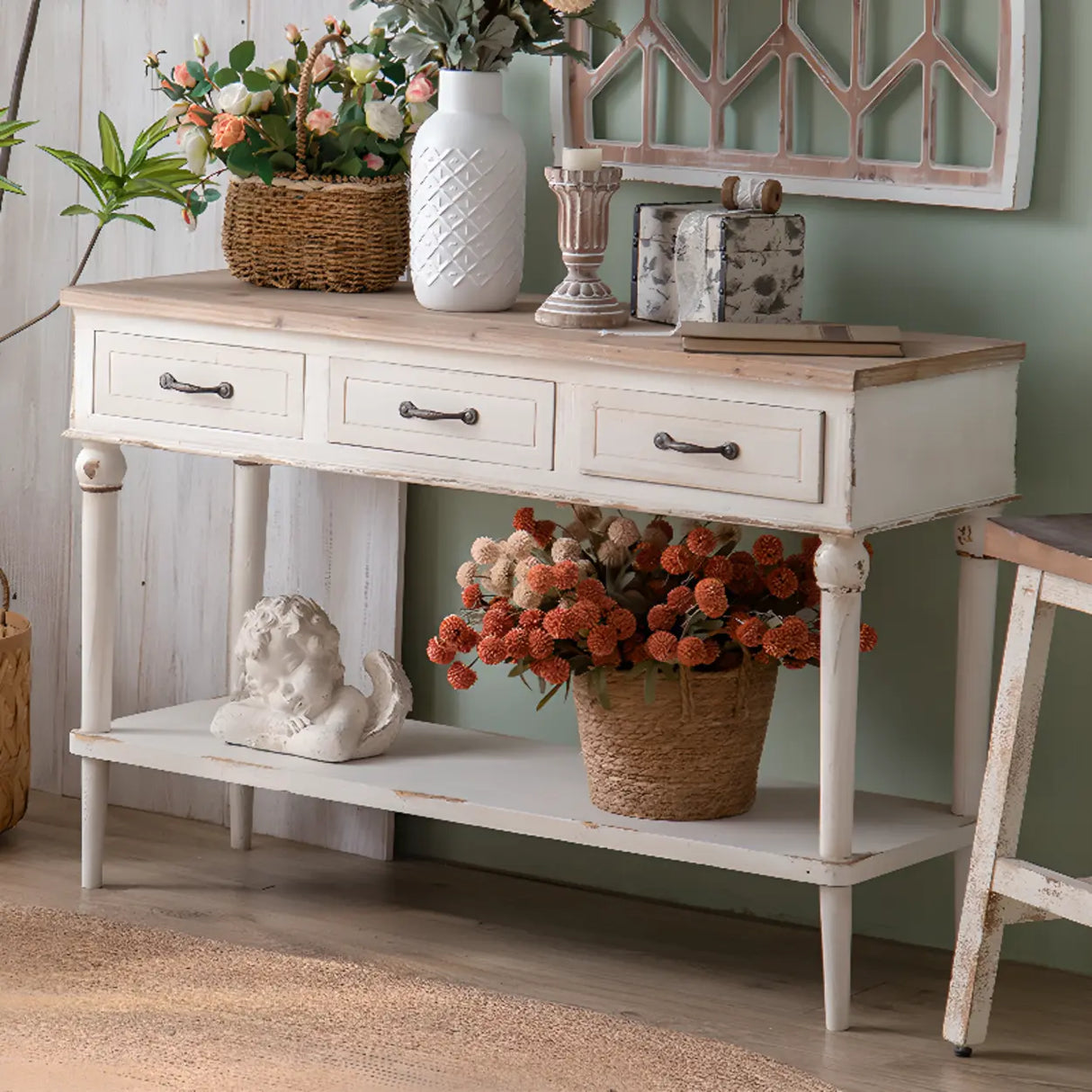 Rustic Demilune Wood Storage Console Table with Drawers Image - 1