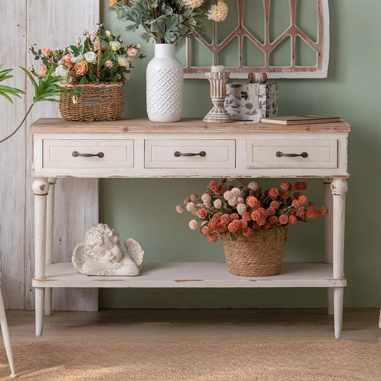 Rustic Demilune Wood Storage Console Table with Drawers Image - 2