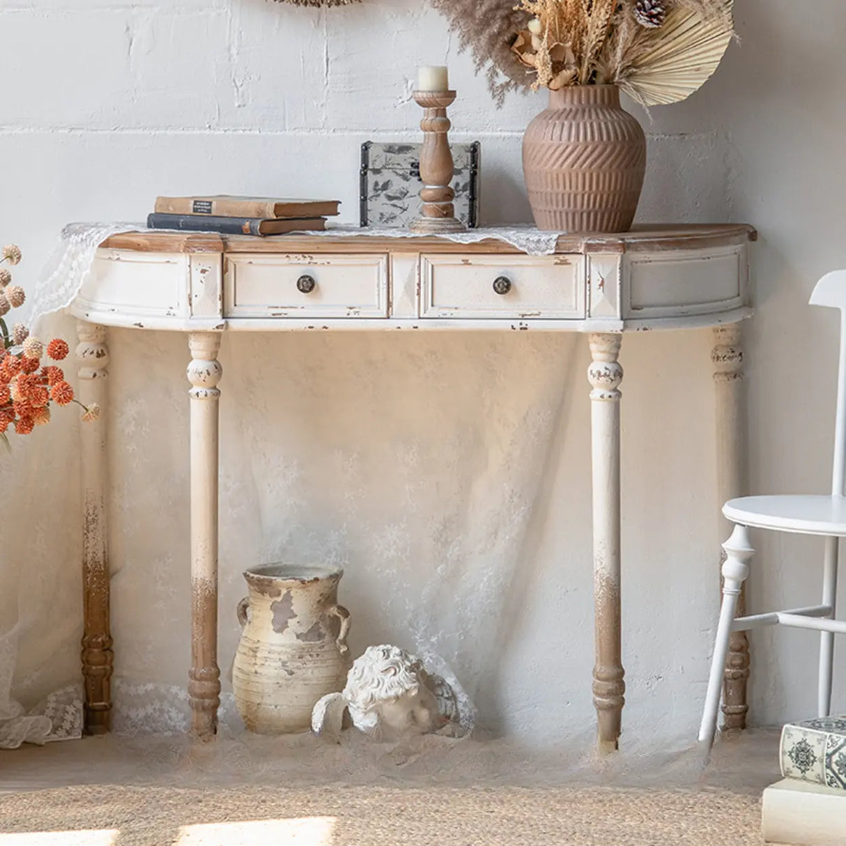 Rustic Demilune Wood Storage Console Table with Drawers Image - 3