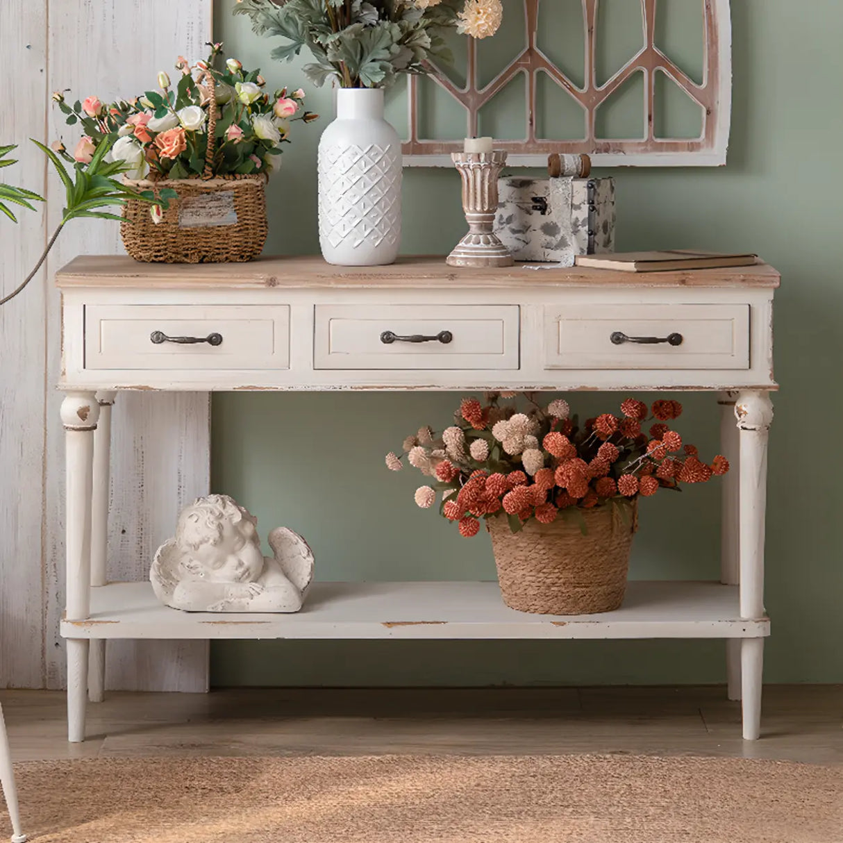 Rustic Demilune Wood Storage Console Table with Drawers Image - 4