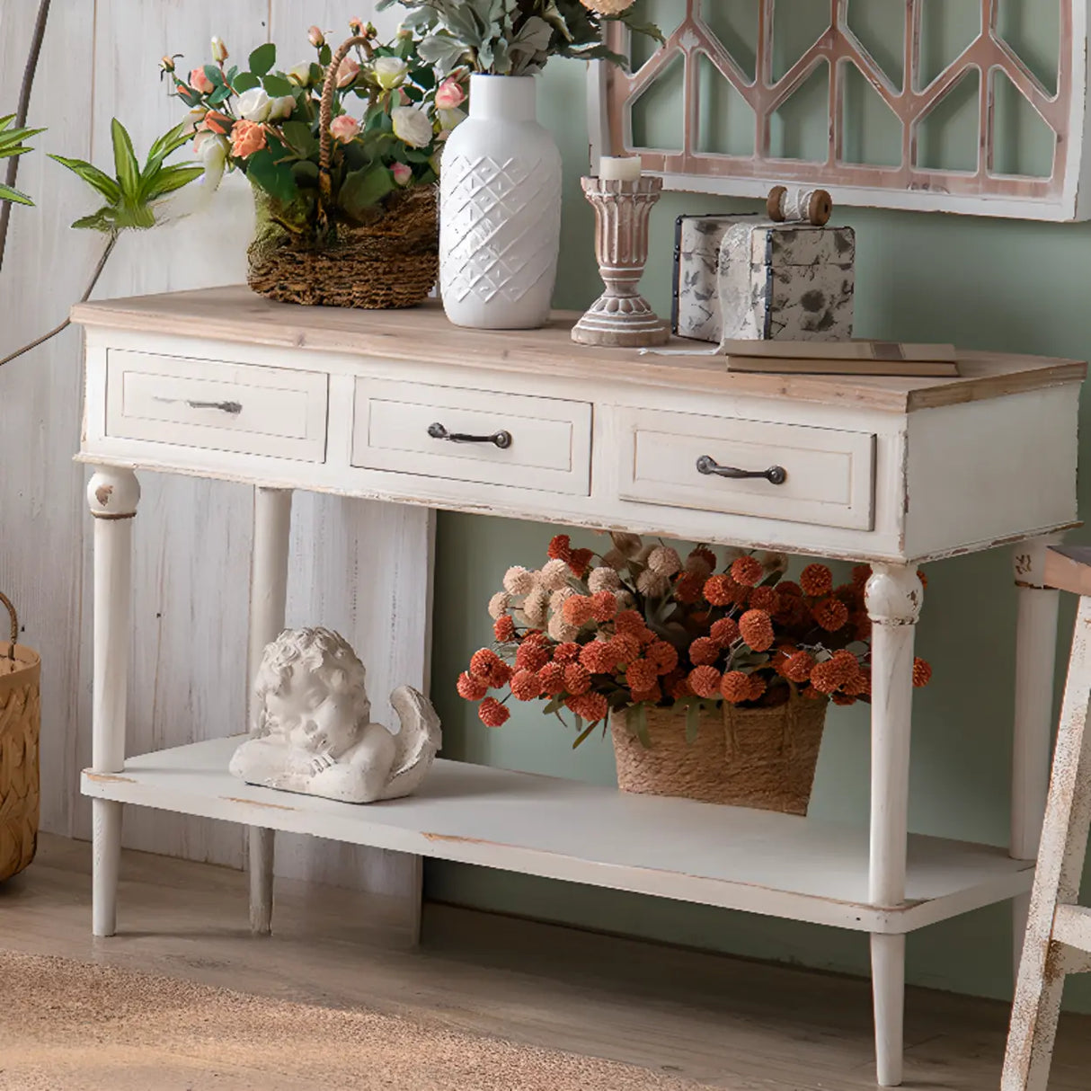 Rustic Demilune Wood Storage Console Table with Drawers Image - 9