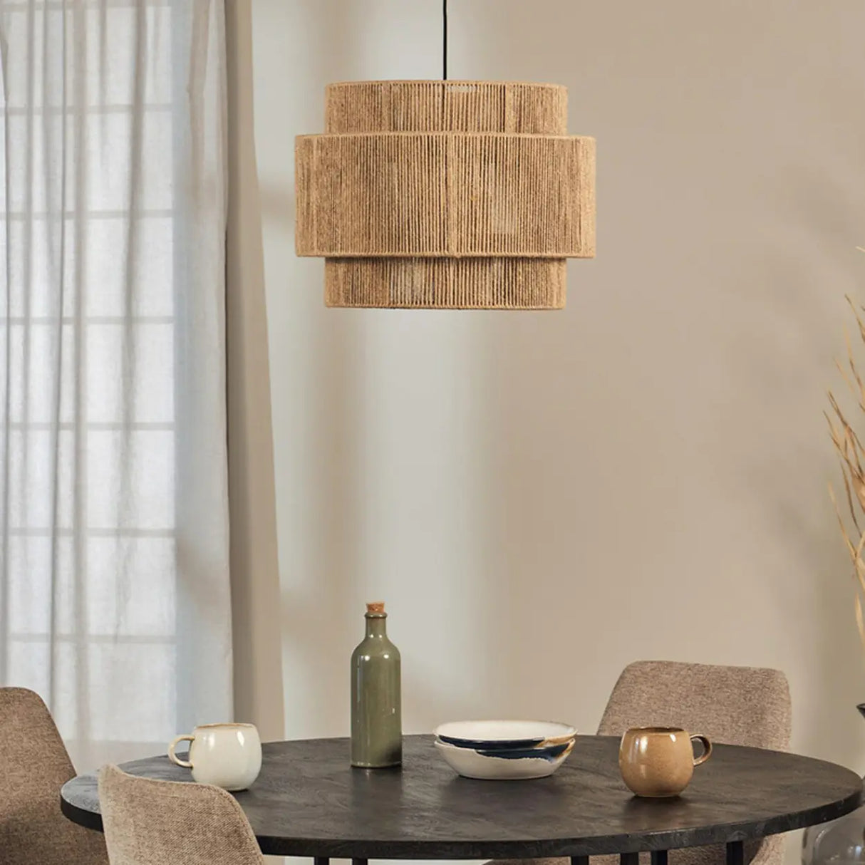 Rustic Double Layer Woven Rope Cylinder Pendant Light Image - 2