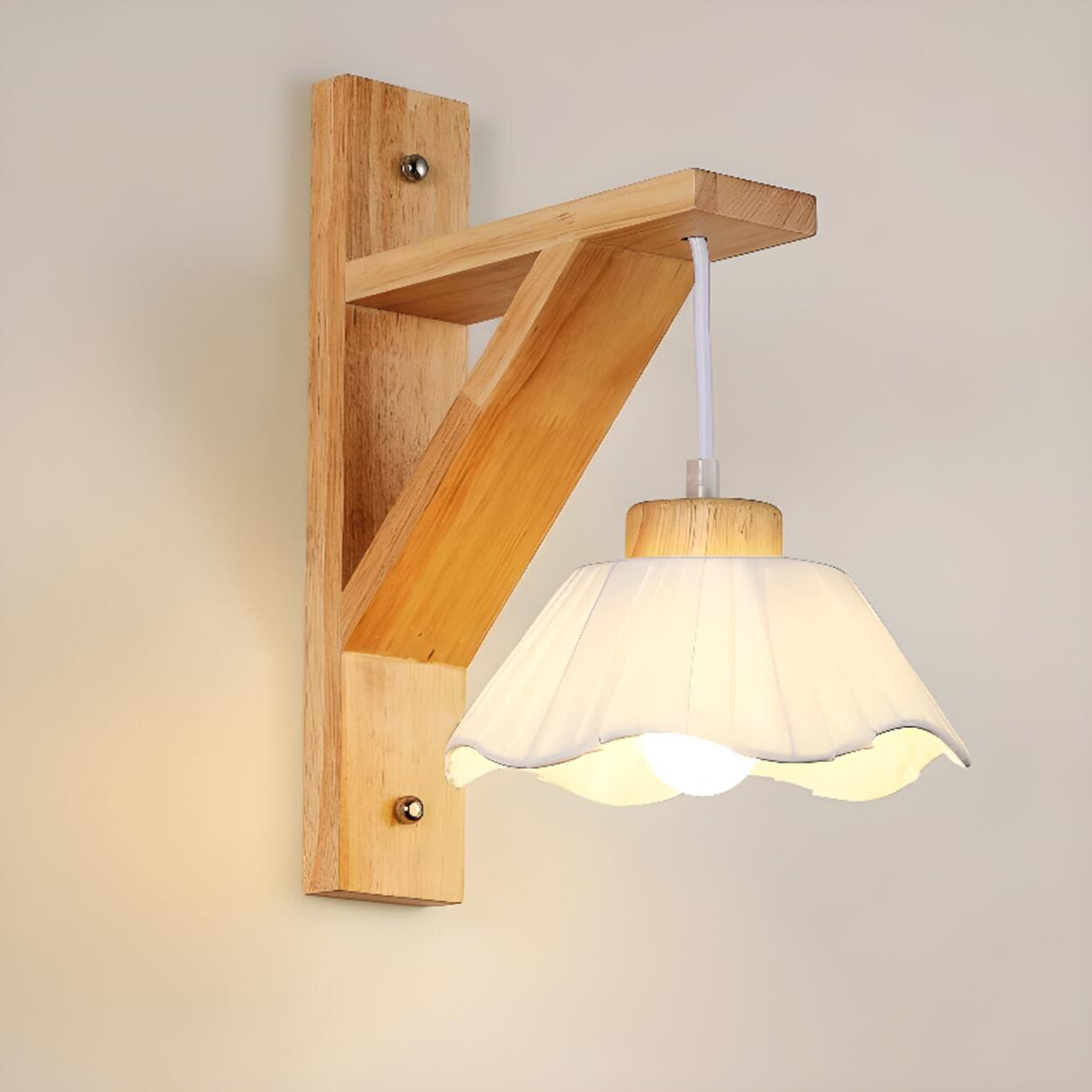 Rustic Fabric Lampshade Wood Geometric Wall Sconce Image - 10