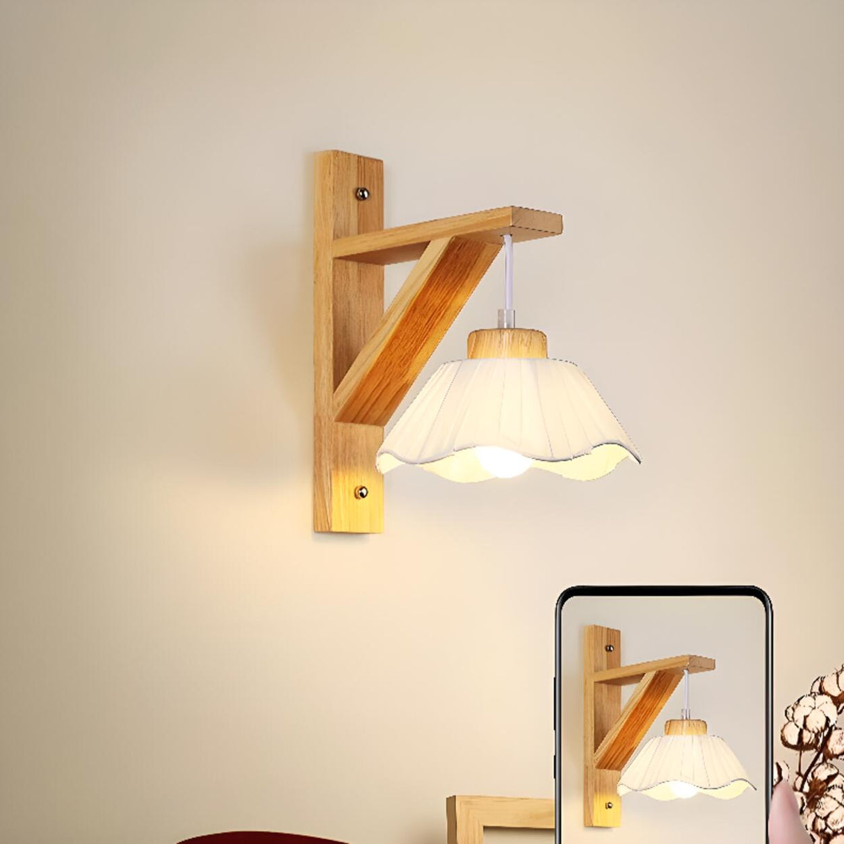 Rustic Fabric Lampshade Wood Geometric Wall Sconce Image - 15