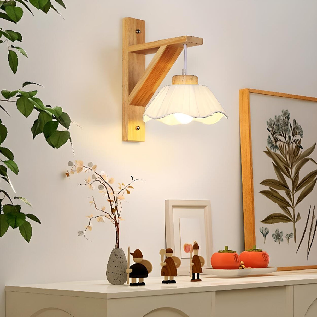 Rustic Fabric Lampshade Wood Geometric Wall Sconce Image - 3