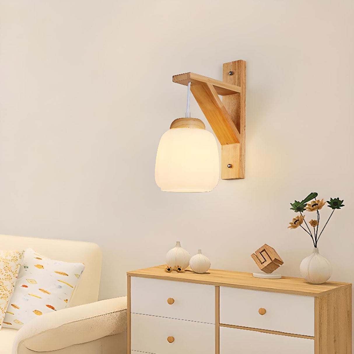 Rustic Fabric Lampshade Wood Geometric Wall Sconce Image - 4