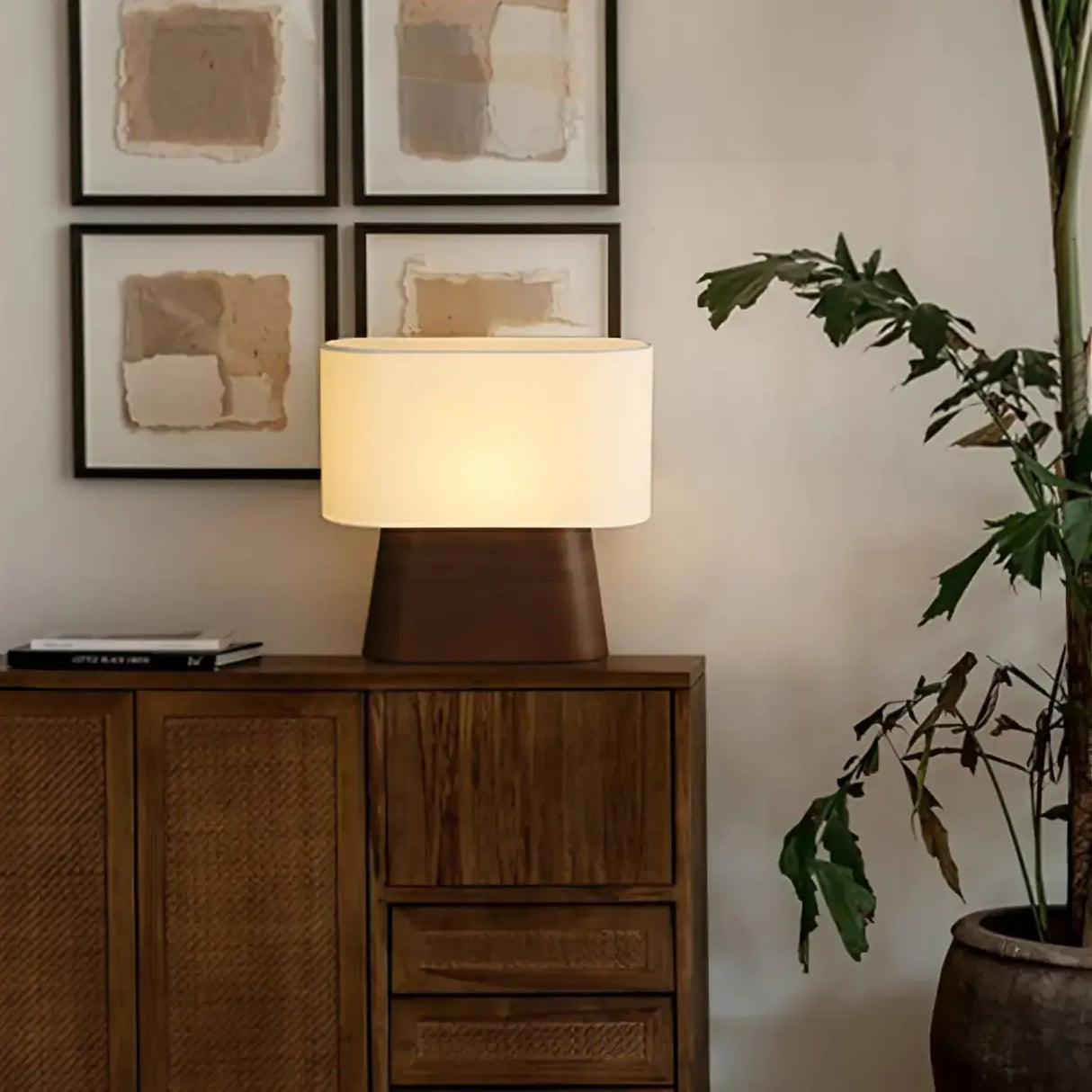 Rustic Fabric Oval Shade Wood Base Table Lamp Image - 2