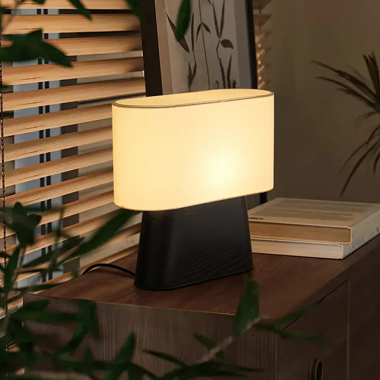 Rustic Fabric Oval Shade Wood Base Table Lamp Image - 8