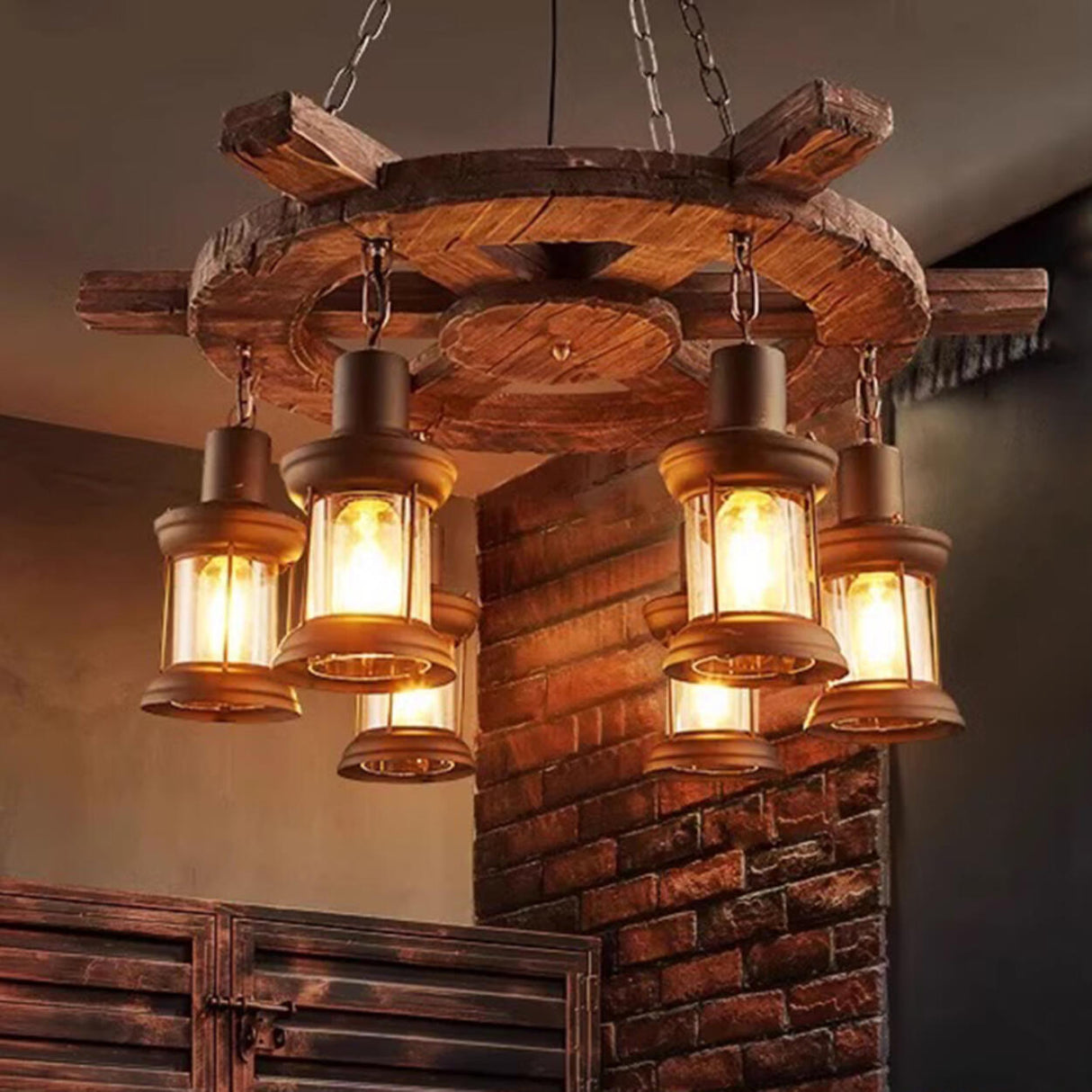 Rustic Farmhouse Wood Wagon Wheel Chandelier Image - 6