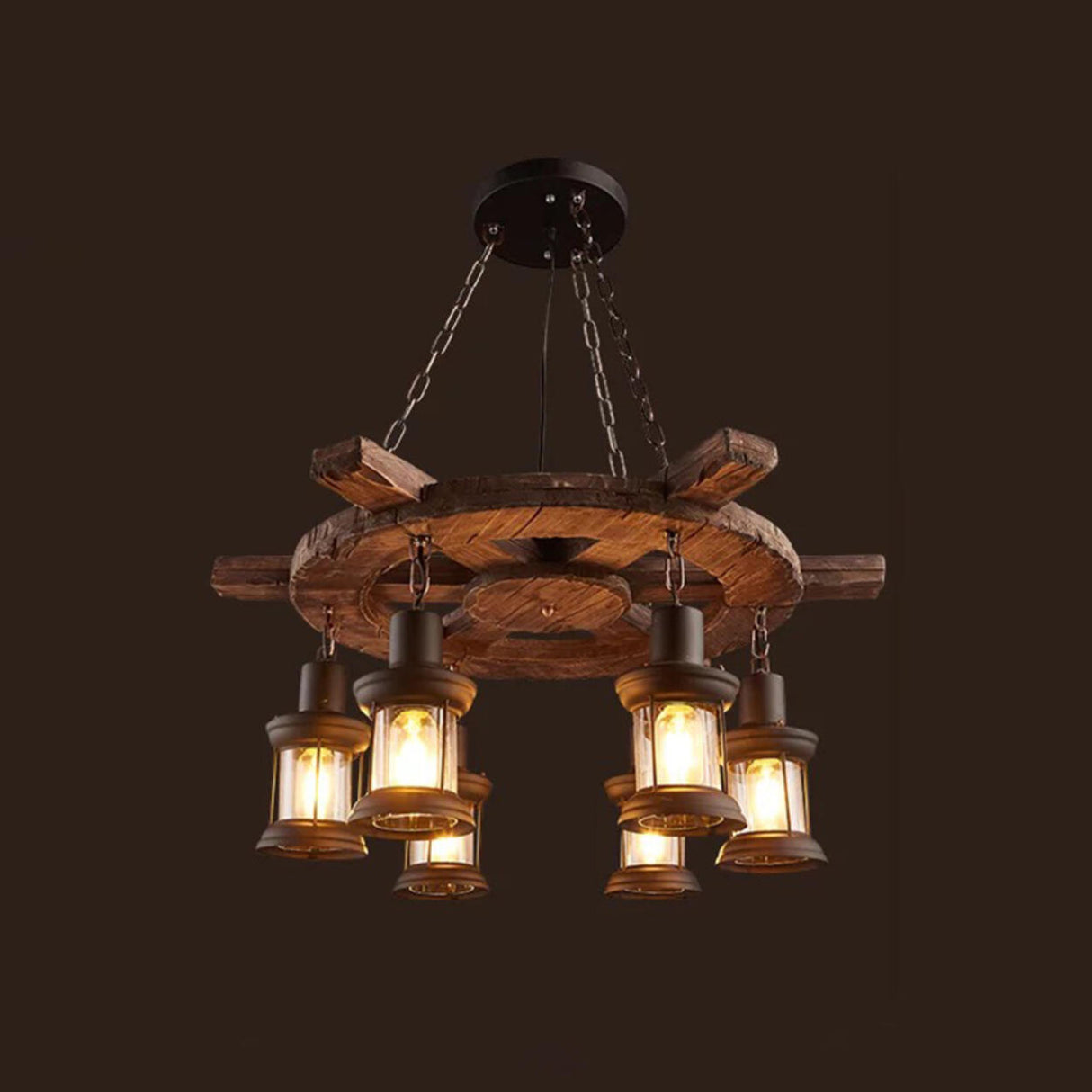 Rustic Farmhouse Wood Wagon Wheel Chandelier Image - 7