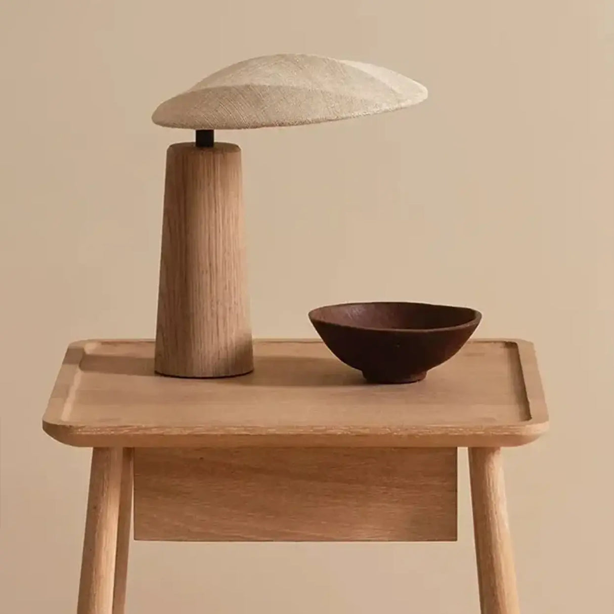 Rustic Flax Cone Shade Natural Wood Plug In Table Lamp Image - 5