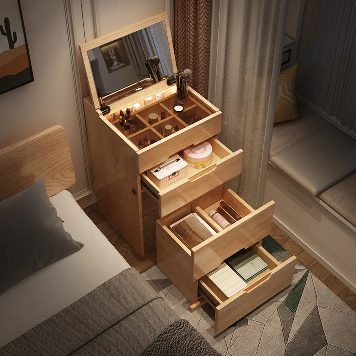 Rustic Folding Ash Wood Drawers Storage Makeup Vanity Image - 1