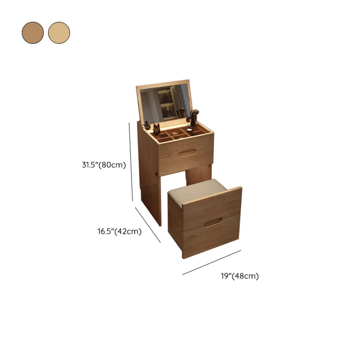 Rustic Folding Ash Wood Drawers Storage Makeup Vanity