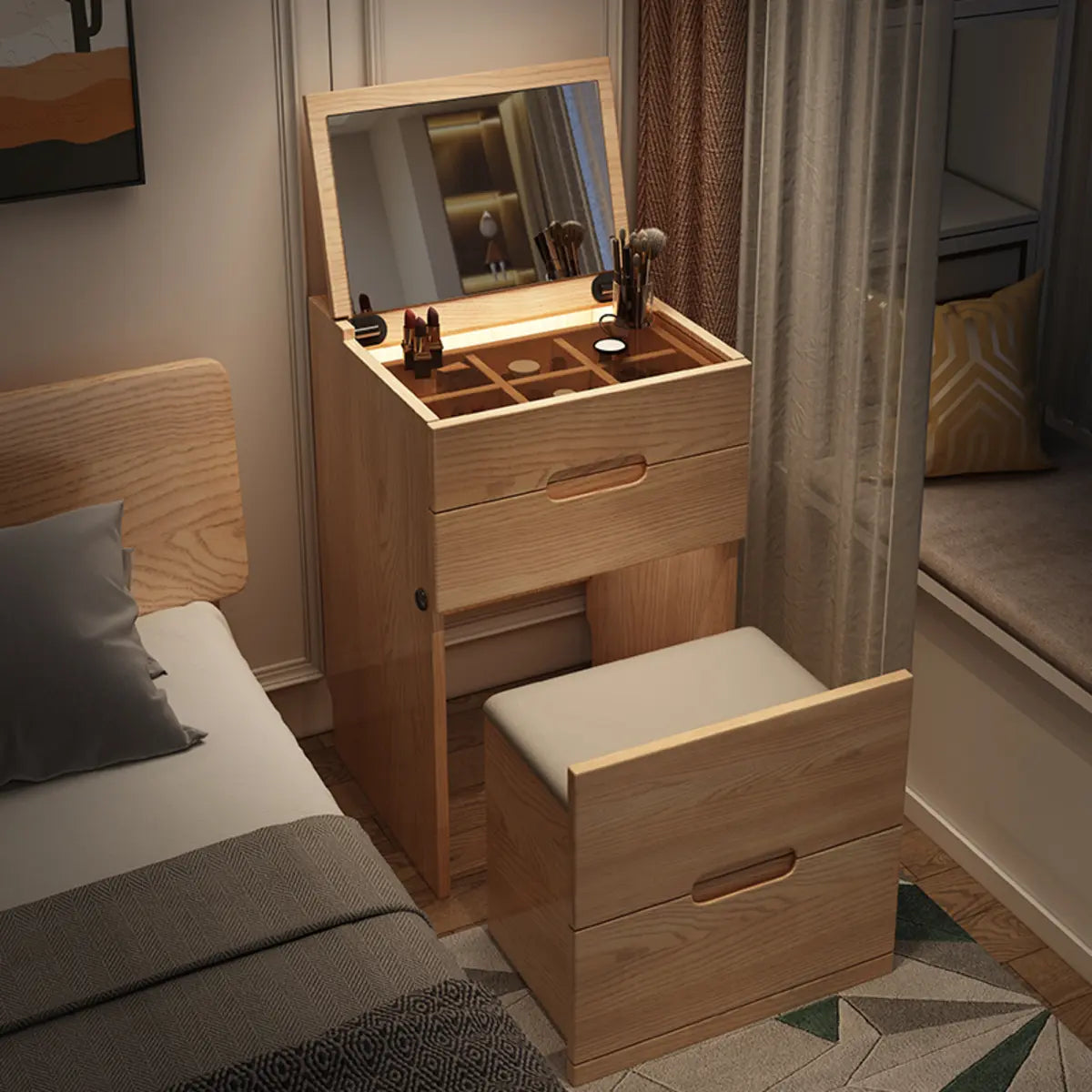 Rustic Folding Ash Wood Drawers Storage Makeup Vanity Image - 2