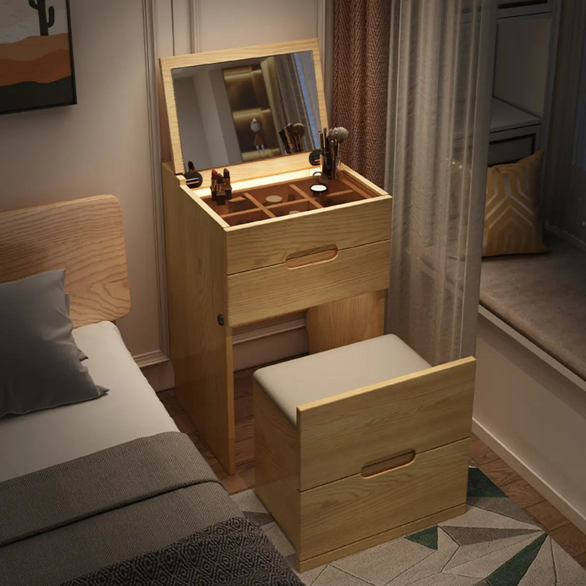 Rustic Folding Ash Wood Drawers Storage Makeup Vanity Image - 3