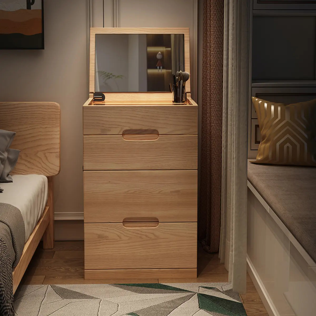 Rustic Folding Ash Wood Drawers Storage Makeup Vanity Image - 4