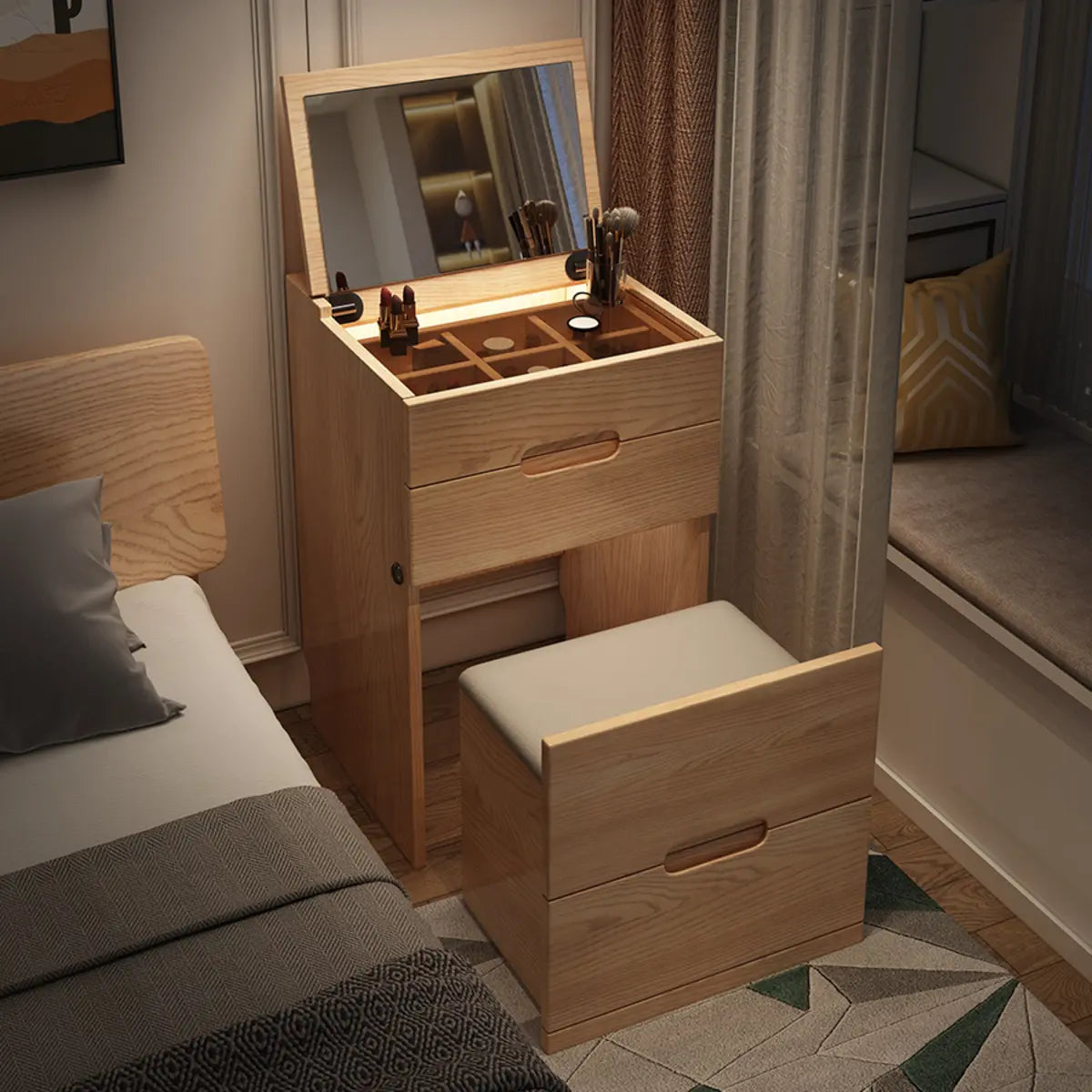 Rustic Folding Ash Wood Drawers Storage Makeup Vanity Image - 5