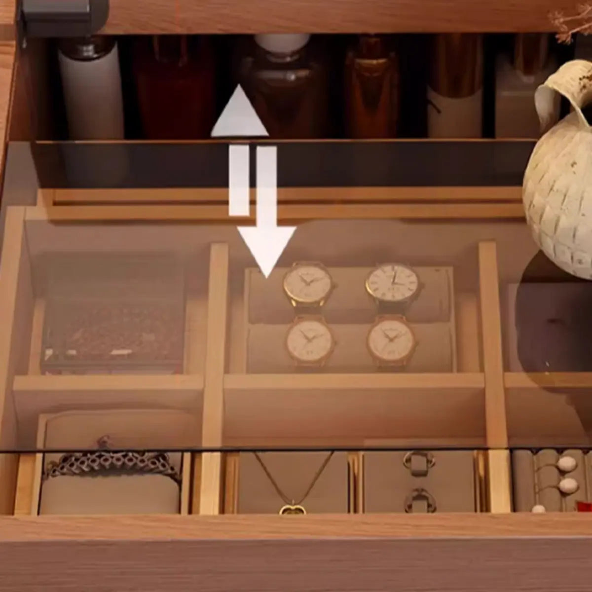 Rustic Folding Ash Wood Drawers Storage Makeup Vanity Image - 7