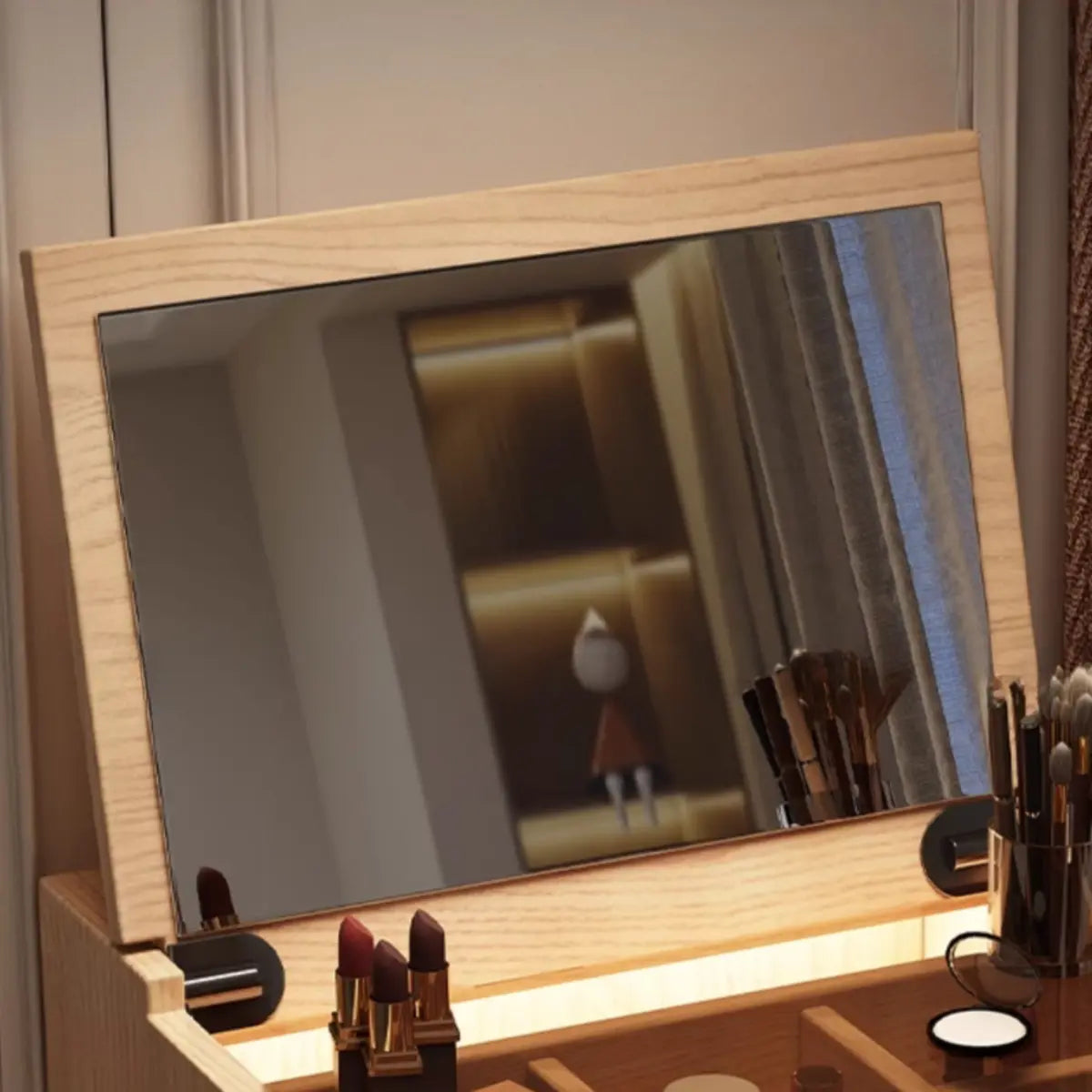 Rustic Folding Ash Wood Drawers Storage Makeup Vanity Image - 8