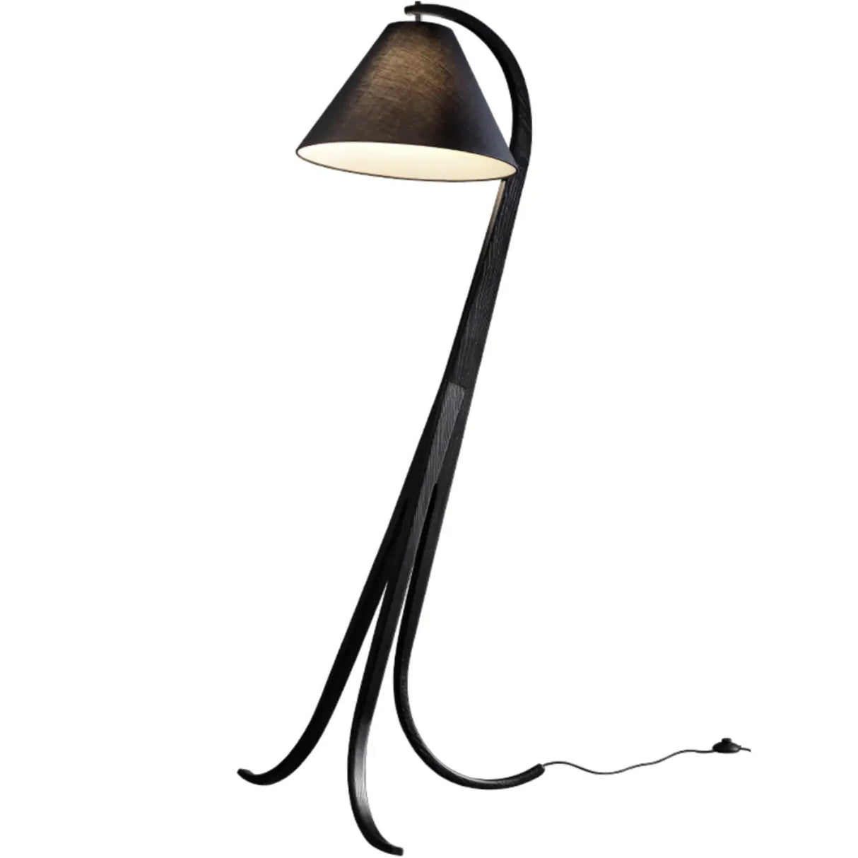 Rustic Foot Switch Fabric Cone Wood Curved Tripod Floor Lamp Image - 5